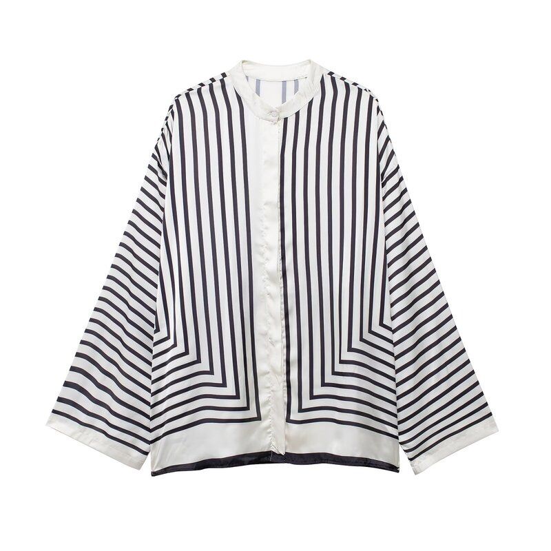 Fashion Style 2024 Autumn New Women's Clothing Stylish Geometric Stripes Loose Long Sleeves Positioning Print Shirt