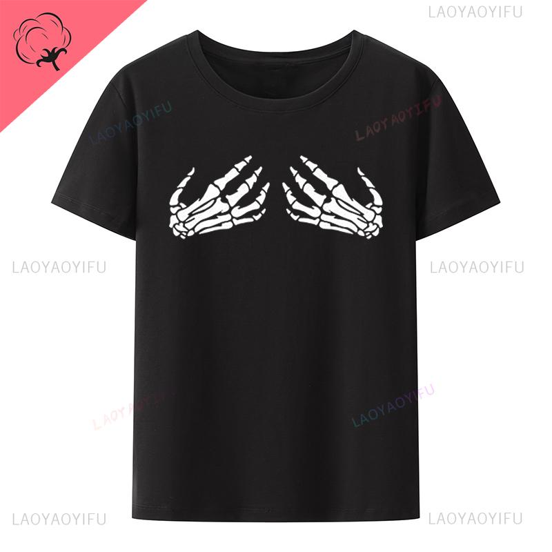 Halloween Finger Skeleton Printed  Tshirt Gothic Street Fashion Oneck Cotton Short Sleeve Tee Loose Breathable Hipster Tops