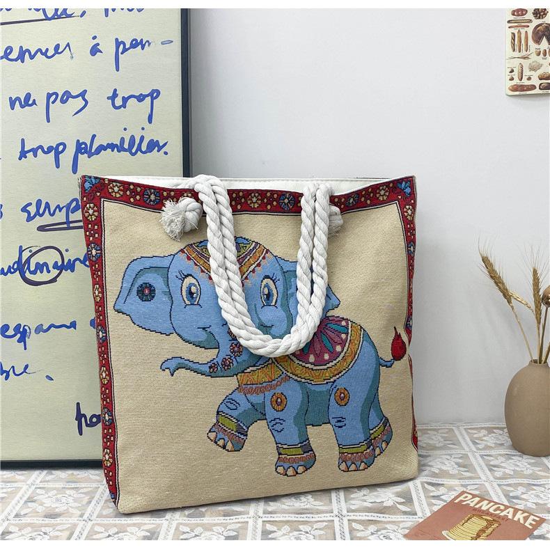 Etnisk stil elefantbroderad damväska hampa rep axelrem broderad mammapåse picknickväska axelväska messengerväska