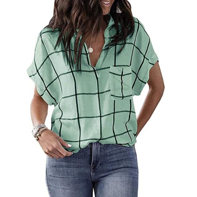Spring and Summer New Fashion Women's Casual Loose Check Print Pocket V-Neck Short-Sleeved Plus Size Pullover T-Shirt