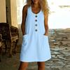  European and American New Women's Dress Fashionable and Casual Solid Color Button U-neck Sleeveless Imitation Hemp Dress, Women