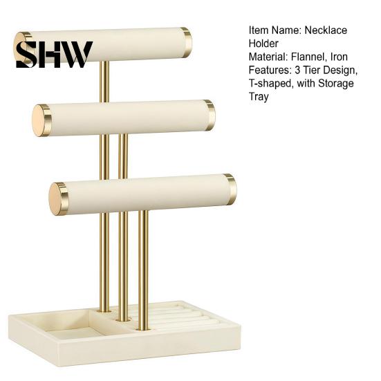 T-shaped Jewelry Holder 3 Tier Velvet Organizer, for Bracelet, Countertop Necklaces Rings, & Earrings, Stand with Storage Tray Tiered Organizer