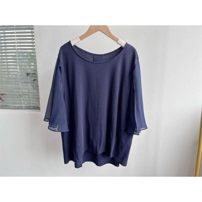 

Модный летний топ с коротким рукавом, скрывающий недостатки фигуры, женская одежда, однотонная футболка, свободный пуловер, приталенная шифоновая рубашка C6 Navy L