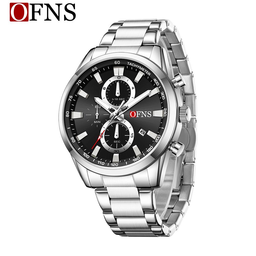OFNS Cross-Border Men's Multifunctional Luminous Watch with Calendar and Sunburst Dial, Three Eyes, Six Hands, Waterproof.