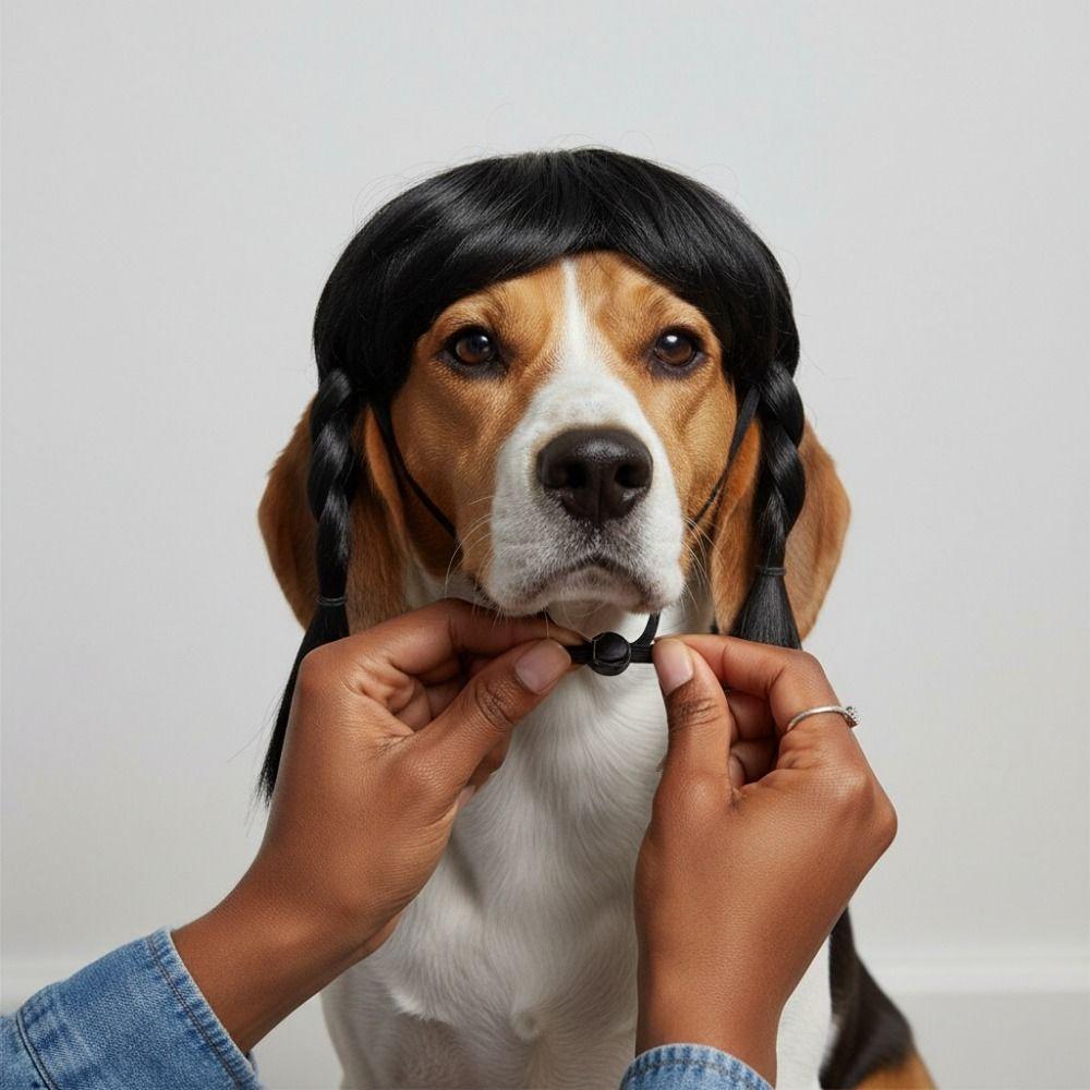 Photo Prop Black Double Ponytail Pet Hairpiece Elastic Strap Funny Pet Wig High Temperature Fiber Universal Animal Wig Holidays