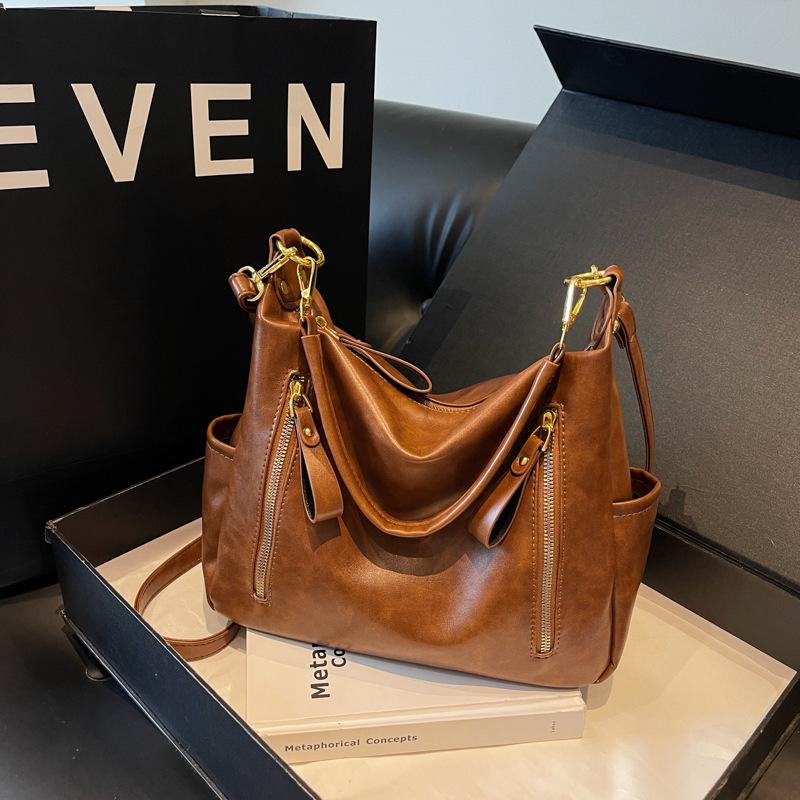 New Retro Handbag Bag Women's Bag Trendy Commuter Tote Bag Double Zipper Oily Leather Shoulder Messenger Bag