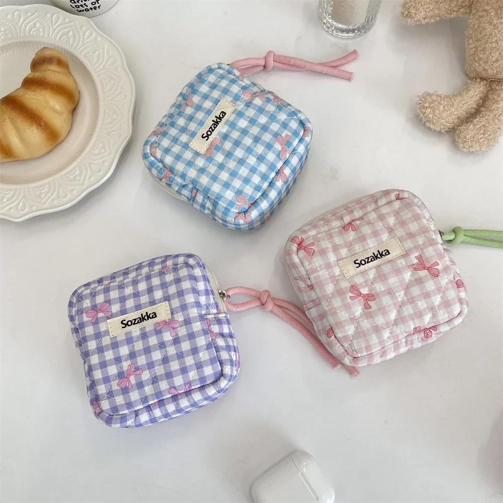 Large Capacity Plaid Bow Print Mini Cosmetic Bag Candy Color Makeup Sanitary Napkin Storage Cotton Cloth Small Item Bag