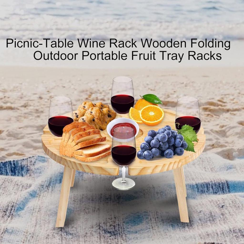 Camping Small Table Fruit Red Wine Camping Wooden Tray Dinner Plate Folding Round Wine Table Outdoor Fireplace Wooden Tray