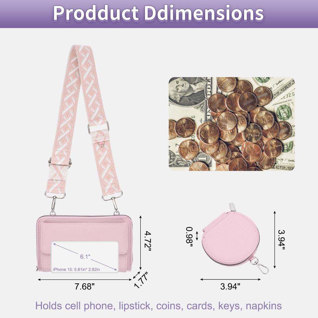 uxcell Women's Shoulder Bag with Strap, Cell Phone Wallet, and Coin Compartment, Pink