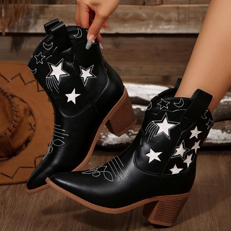 European and AmericanMartin Boots Embroidered Pointed Short Knight Boots Women's Cross-border Embroidery Retro Middle Heel Fashion Leather Boots