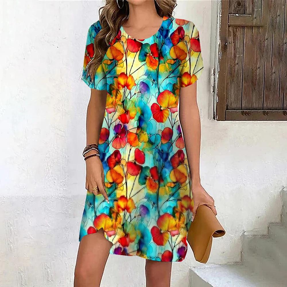 Fashion 3D Print Summer Dress Loose Casual Short Sleeve O-Neck Mini Dress