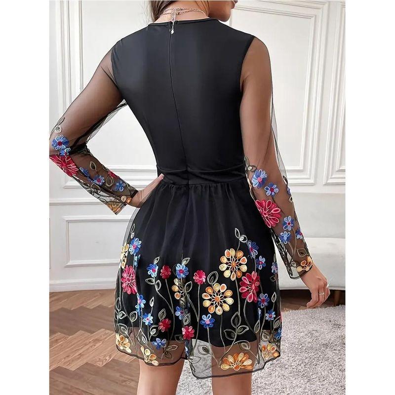 European and American Fashion Print Mesh Long sleeve Temperament Short Dress Short dress A Word Mesh Short Dress