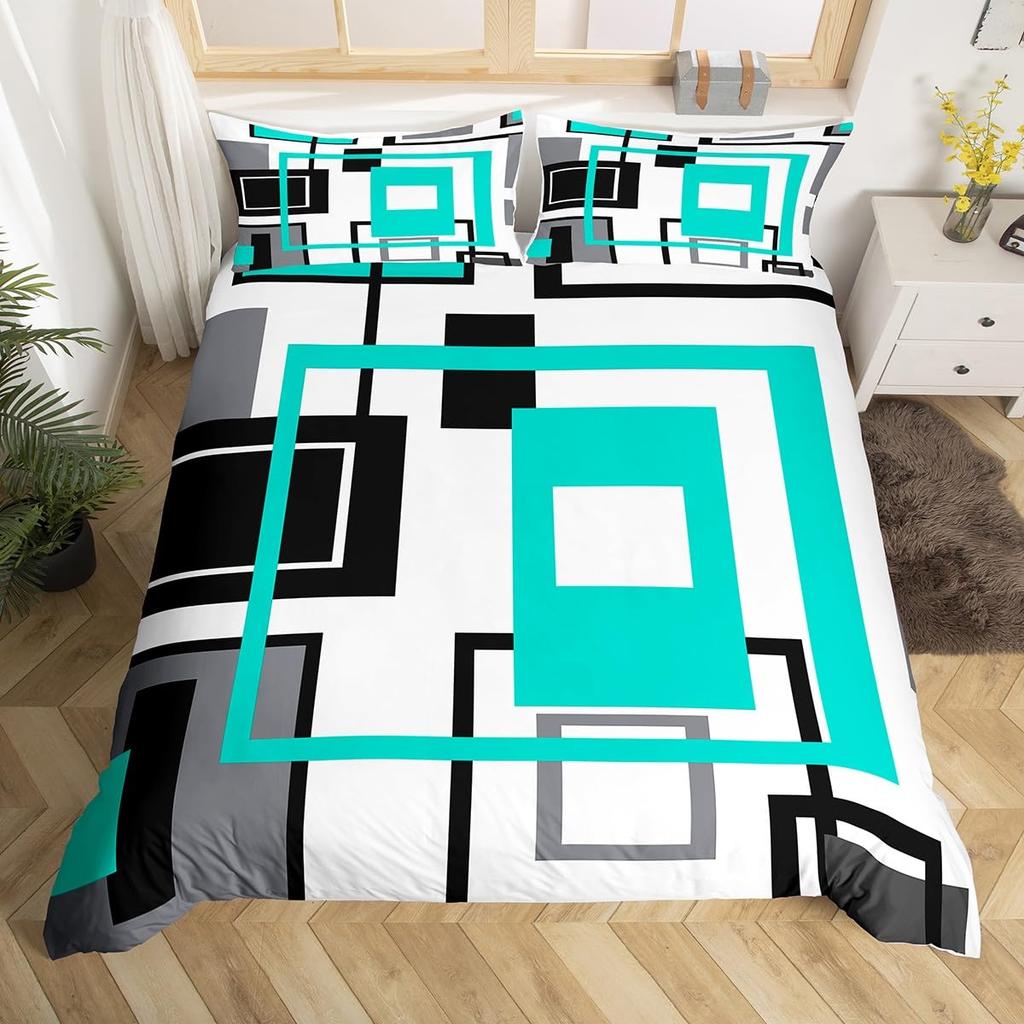 Geometrisches Gitter Bettbezug Twin Full Queen Geometrisches Quadrat Steppdeckenbezug Modern Abstrakt Linien Bettwäscheset Mit 2 Kissenbezügen