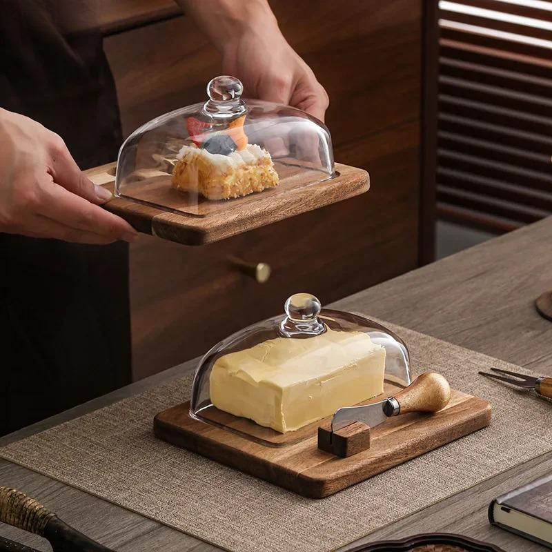 Acacia Wood Glass Cover Butter Box Cheese Plate with Knife Butter Plate Wooden Dessert Plate Cake Pastry Tray Kitchen Utensils