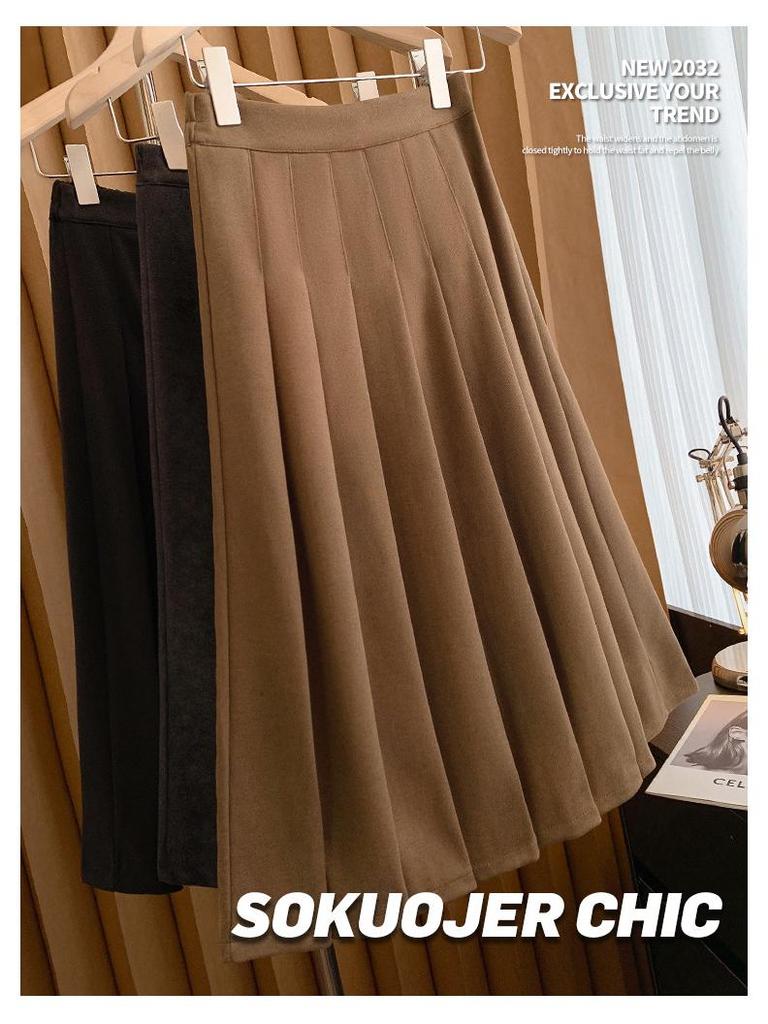 Women's High-Waisted Wool Blend Midi Skirt: Thick Pleated, Slimming Korean Style for Autumn & Winter