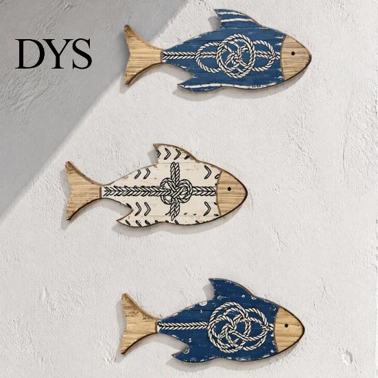 Mediterranean Style Decorations 3Pcs/Set Wooden Fish Wall Decor, Nautical Knot Print Decorations, Coastal Beach House Ornaments Art for Home Bathroom
