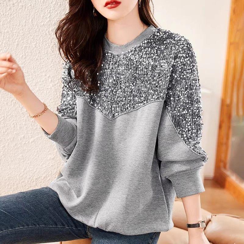 Autumn Winter New Style Sequin Splicing Western Style Sweatshirt for Women 2025 New Top