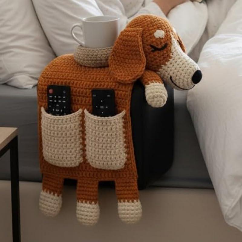 Borsa Portaoggetti a Forma di Divano per Cani all'Uncinetto, Decorazione Portaoggetti da Bracciolo per Divano Intrecciato per Animali Domestici, Con 2 Tasche e Un Portabicchieri