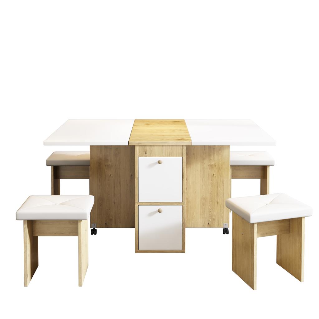 Dining Table Set, (with Dining Table, 4 Chairs), Foldable, 120*80*75cm, Multifunctional Extendable Dining Table, Dining Chairs, White + Oak