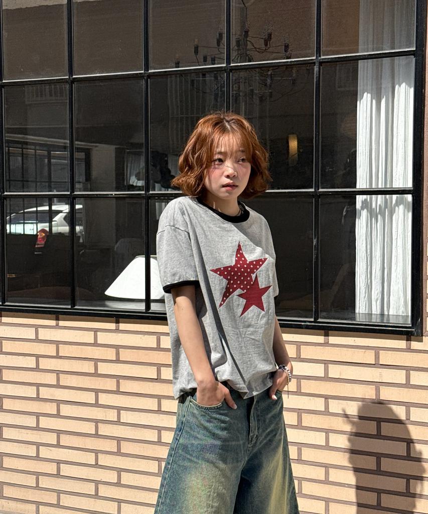 AMOU Two Star Ringer T-Shirts Gray