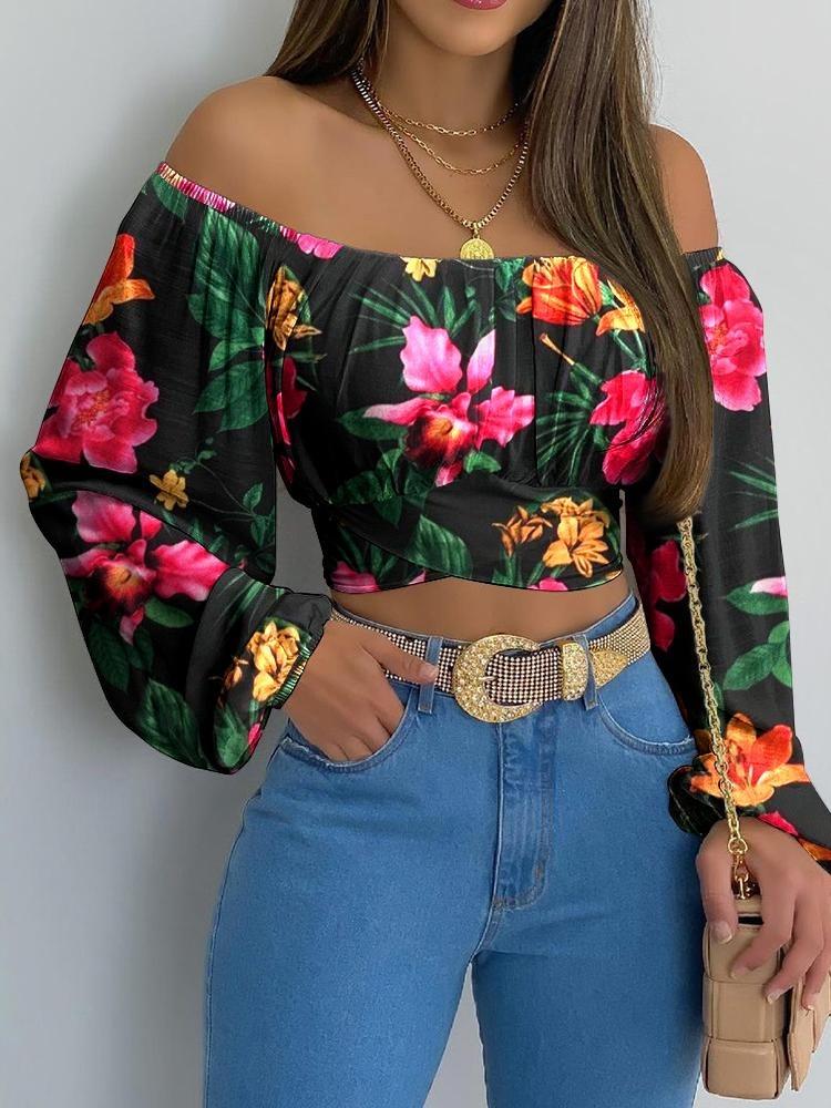 Autumn Women Off Shoulder Crop Top Crossed Back Print Blouse Ruched Lantern Sleeve Casual Lady Outfits Femme