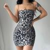 Damen Leopard Print Pailletten Mini Spaghettiträger Bodycon Party Clubwear Kurzes Kleid
