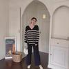 2024 Herbst/Winter Gestreifter Tiefer Ausschnitt Einreiher Langarm Strickpullover & High-Waist Weitbein Hose Set
