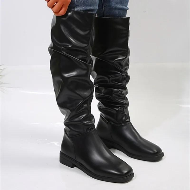 

43 Женская обувь Осень и зима Новые сапоги до колена Высокие сапоги Женские плиссированные туфли на низком каблуке Повседневные кожаные женские длинные сапоги 38 чёрный