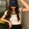 Women's Color Block Trim Crop Top, Cotton Slim Fit Short Sleeve T-Shirt