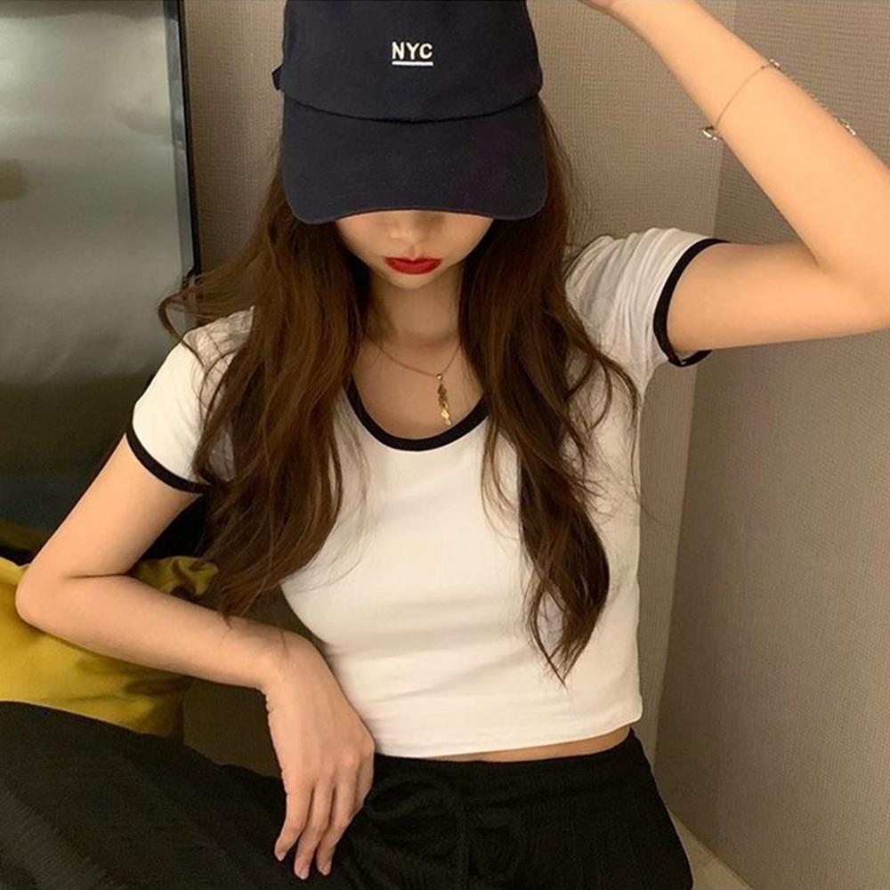 Women's Color Block Trim Crop Top, Cotton Slim Fit Short Sleeve T-Shirt