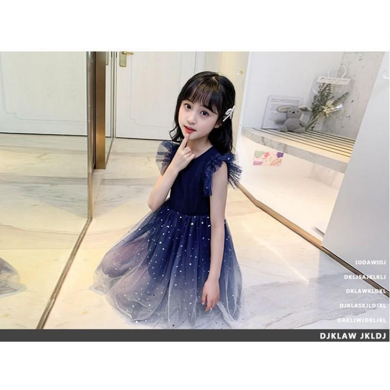 Mädchen Kurzarm Kleid Sternenverlauf Tüll Prinzessin Kinder Party