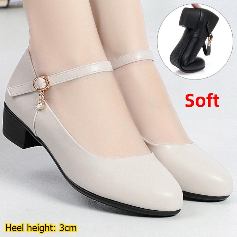 Soft Leather Mid-heel Work Casual Versatile Single Buckle Strap Middle-aged Women's Shoes Soft Sole Spring and Autumn