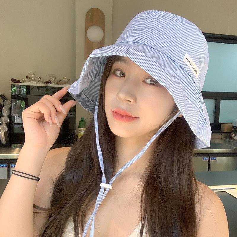 Summer Versatile and Fashionable Striped Big Hat Brim Small Fresh Striped Fisherman Hat Women Candy Color Pot Hat Sun Protection Fisherman Hat