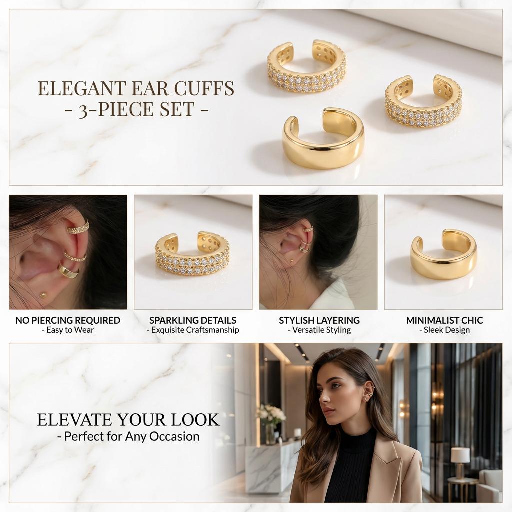 3 Pcs/Set Rhinestone C-Shape Clip Earrings for Women No Piercing Earbone Fake Cartilage Ear Cuffs Earring Party Jewelry Gift