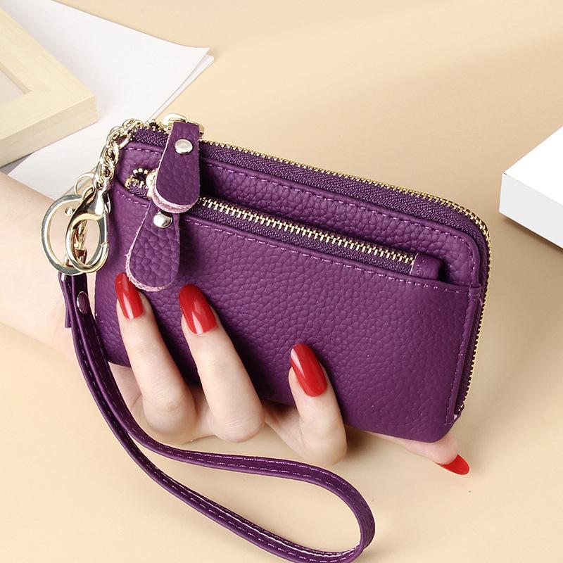 Women's Genuine Leather Mini Wallet Multi-Card Slots Coin Pouch with Keychain Handheld Zip Change Purse Stylish Compact Daily Accessory for Ladies