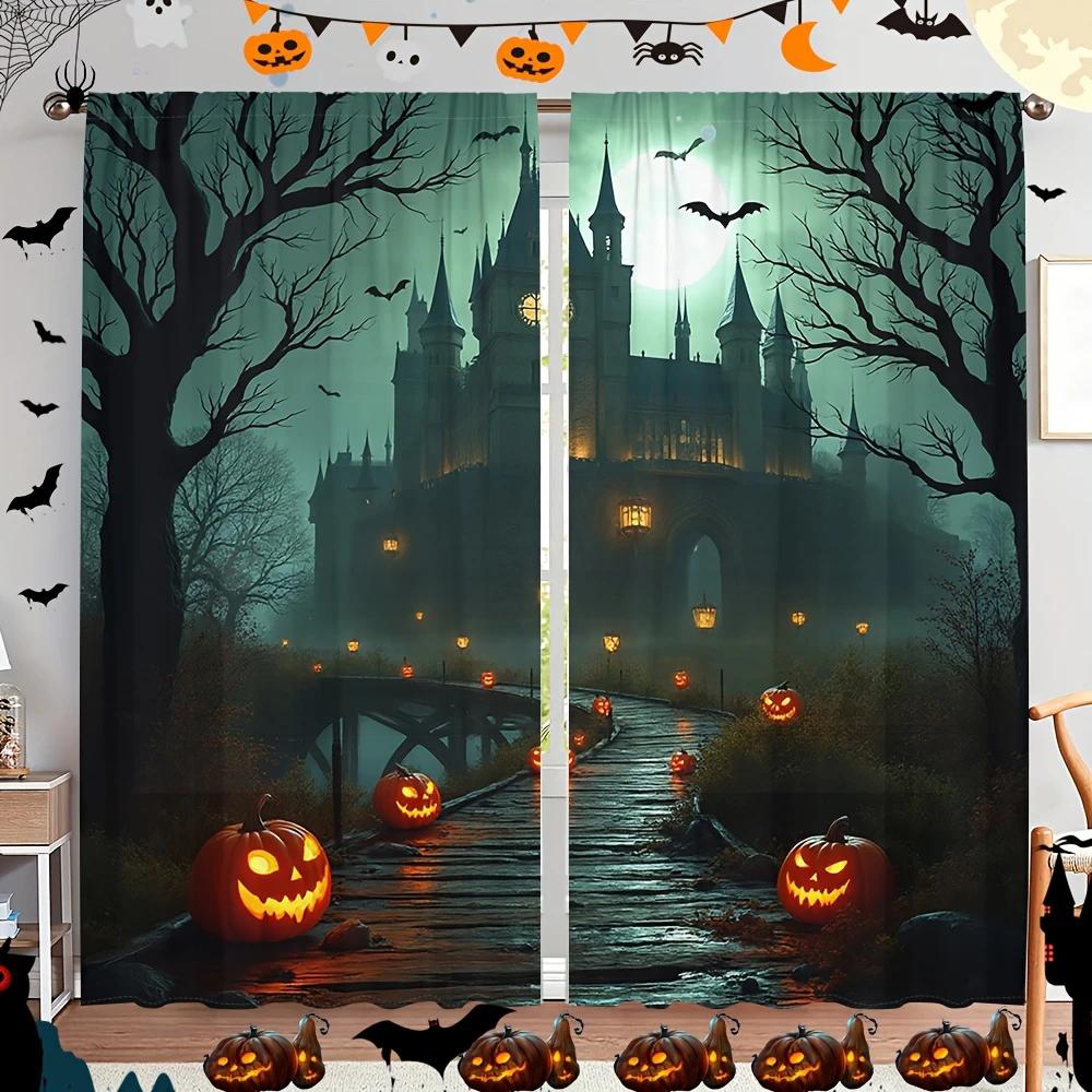 Halloween Fantasy Castle Money Tree Pumpkin Lantern Printed Curtains Home Decoration Room Curtain Set Of 2 Made Polyester Washable
