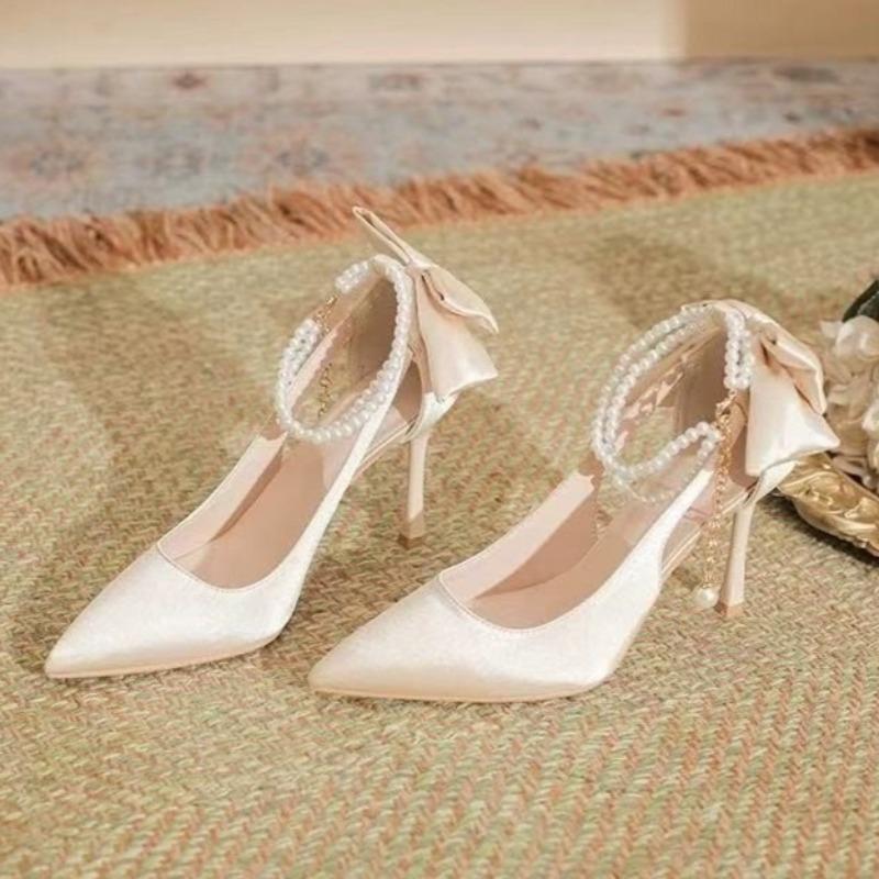 Stiletto Pumps mit Schleife Modische Spitze Flacher Ausschnitt Perlenbesetzt Rutschfest Verschleißfest Hohe Absätze