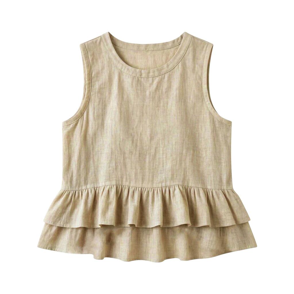Women Sleeveless Linen Cotton Tank Top Casual Loose Fit Ruffle Hem Layered Blouse Round Neck Lightweight Summer Vest Shirt