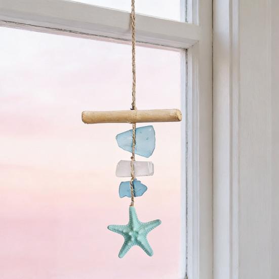 Seaglass Hanging Decoration Handmade Bohemian Coastal Nautical Starfish Sea Glass Art Home Office Beach House Wall Ornament Pendant