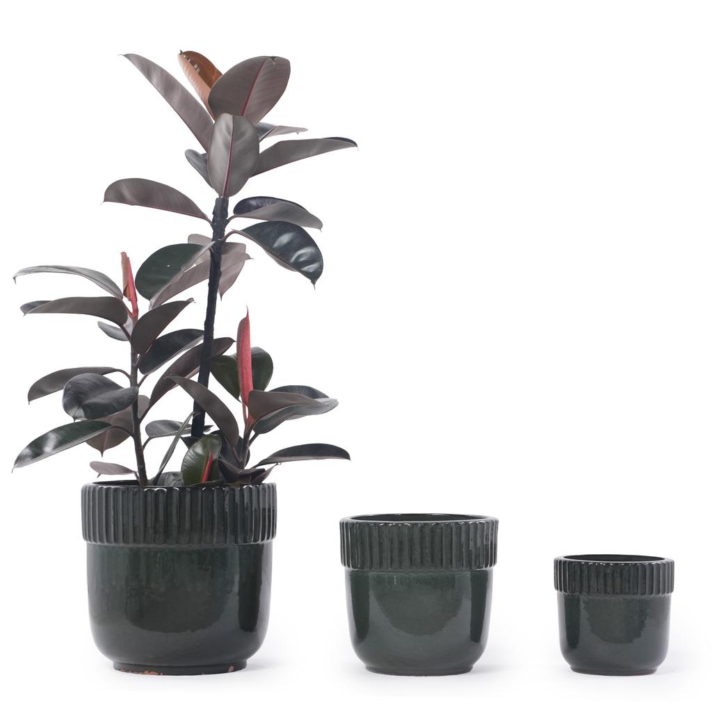 Handmade Ceramic Plant Pot Set 3-Piece (diameter 38/30.5/23 cm), Glossy Dark Green with Vertical Groove Trim, Frost-Resistant, with Drainage Holes
