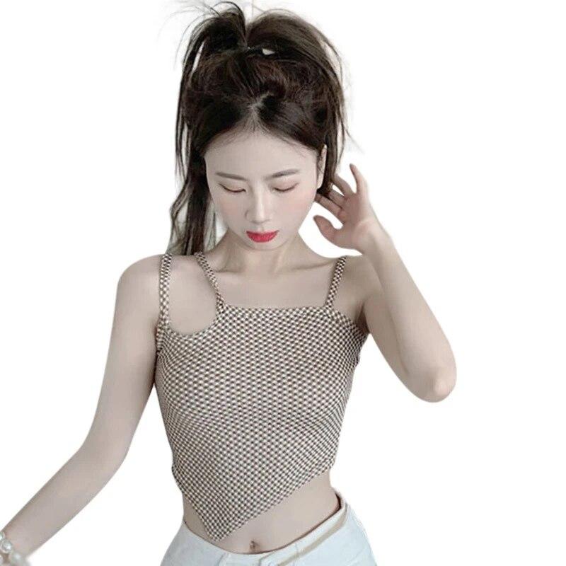 Dámský kostkovaný pletený triko s nepravidelným zády bez zad