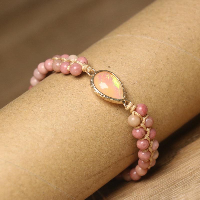 Pink Rhodochrosite Teardrop Opal Bracelet – Gold Accent Boho Healing Jewelry, Adjustable Love Gift for Women