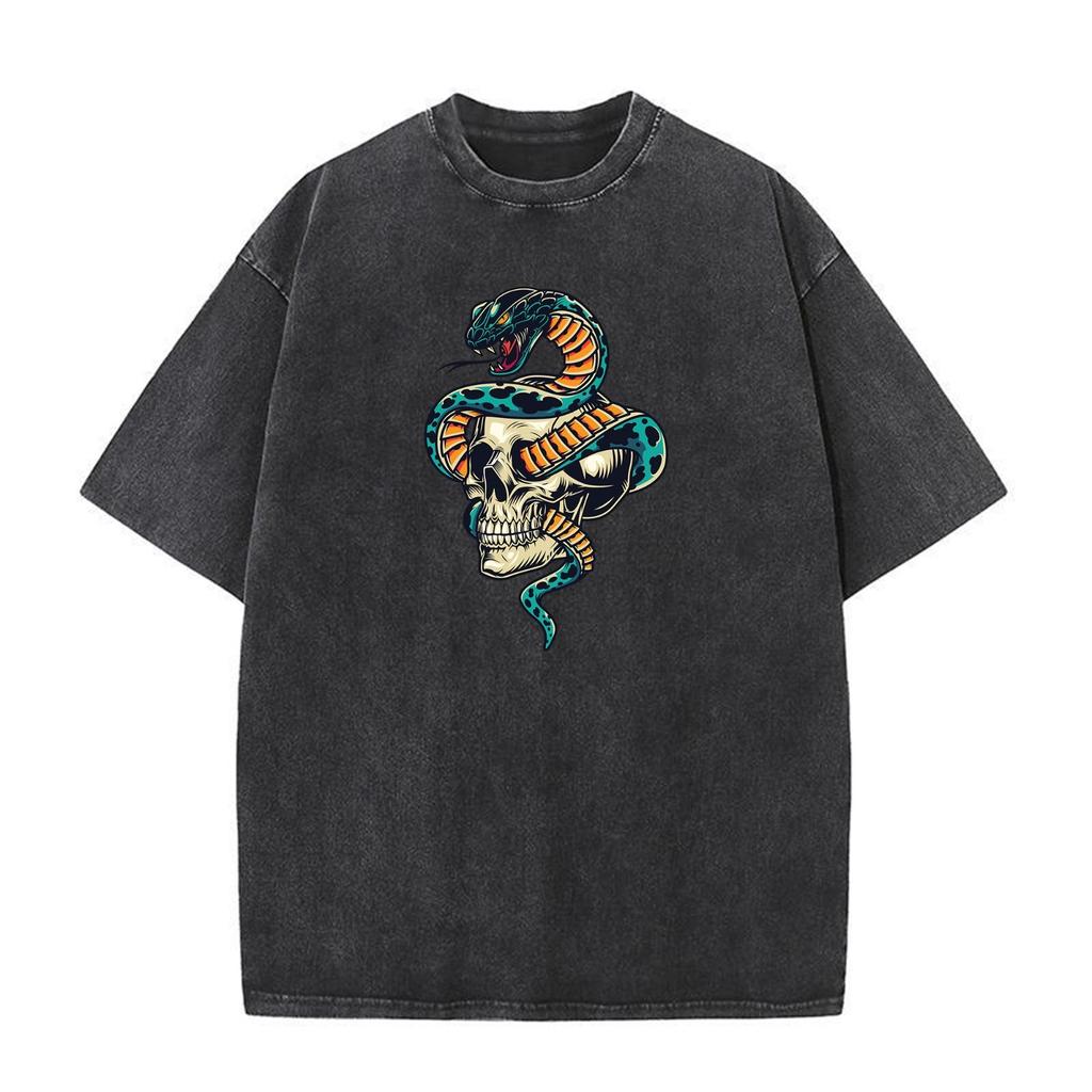 Skull Snake Print T-Shirt, Loose Fit Unisex Streetwear Tee, Black