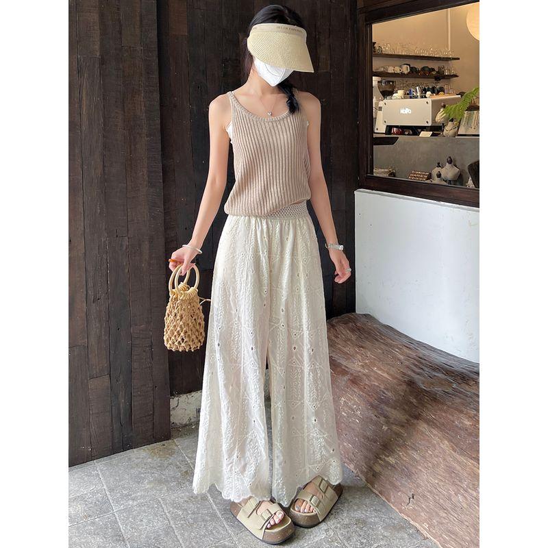 Korean Style Lady's Small New Heavy-Duty Embroidery Stitched Pattern Hollow Lace Straight Pocket Anti-Wrinkle Wide-Leg Cropped Pants