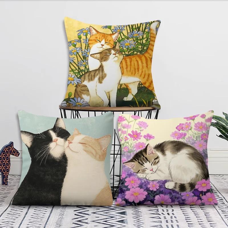 Fashion Cute Kitten Kawaii Cat Flower Cushion Cover Soft Pillow Case for Sofa Living Room Home Office Decor Protective Covers