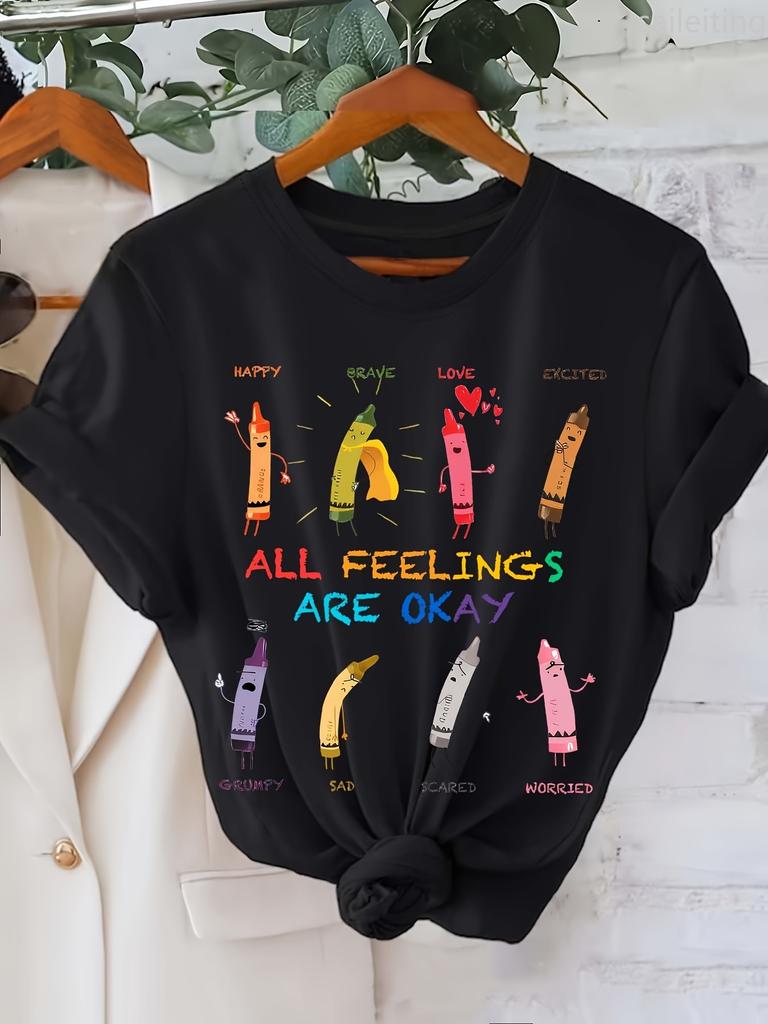 Unisexs Black Short Sleeve Crew Neck Tshirt Colorful 8 Pencil Emotion Graphics All Feelings Are Okay Aesthetic Clothes