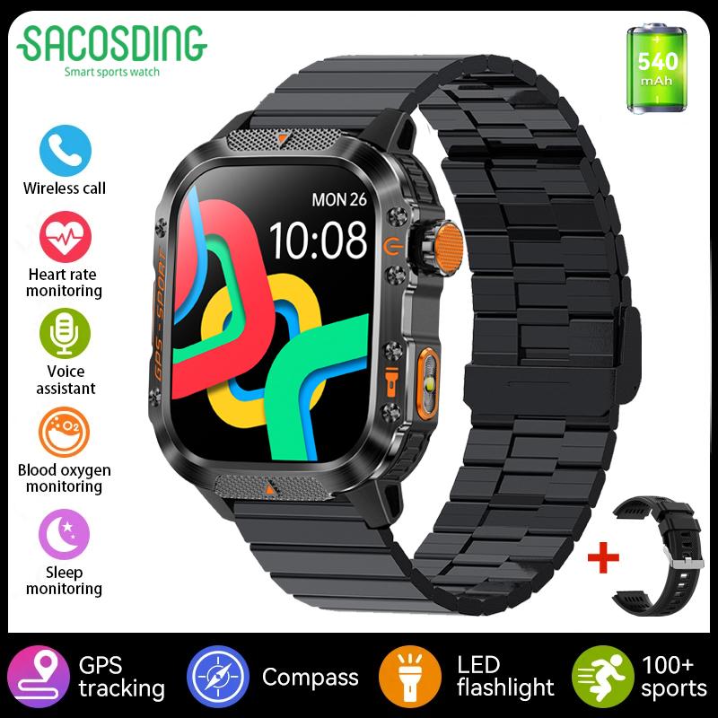 SACOSDING GPS Outdoor Sports Compass BlueTooth Call Smart Watch Waterproof Flashlight Heart Rate Health Smartwatch Information Reminder