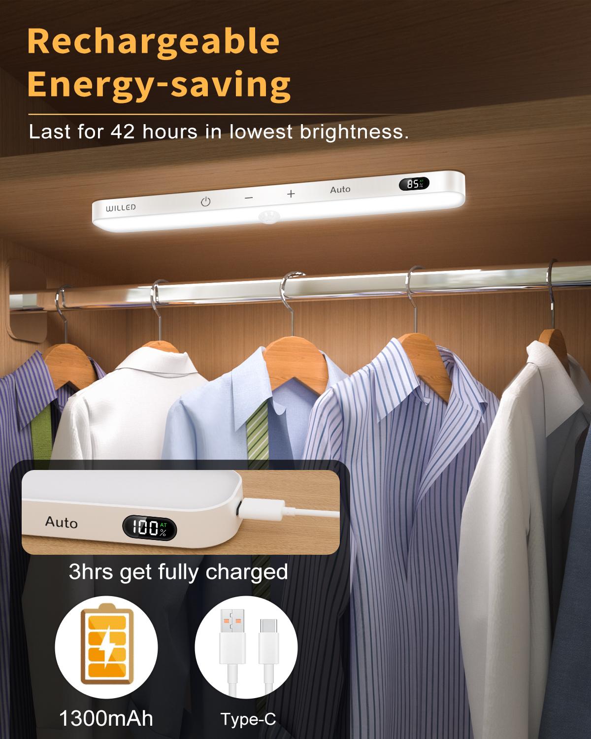 

WILLED Motion Sensor Cabinet Light Battery Display 60 LED Touch Light Bar Wireless Rechargeable Battery Night Light
