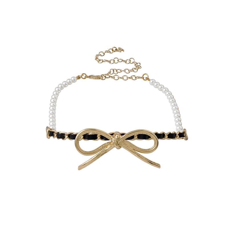 CHANEL Metal Bow Calfskin Glass Pearl Chocker Necklace Women's Gold/Black