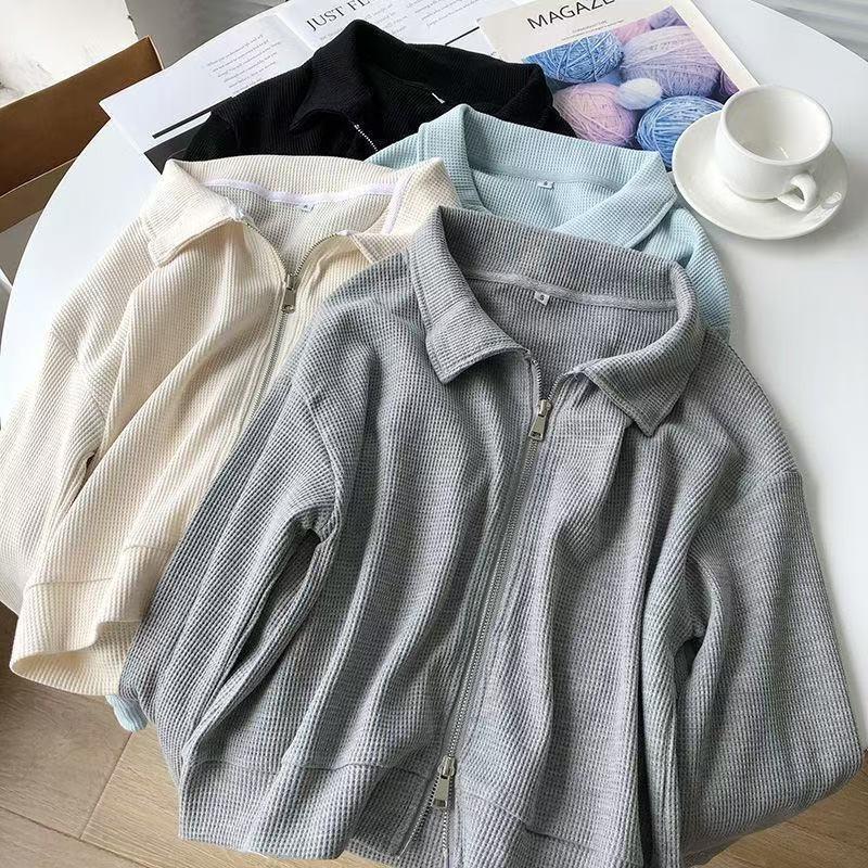Cotton waffle short coat women's autumn new loose design double zipper top casual cardigan trend